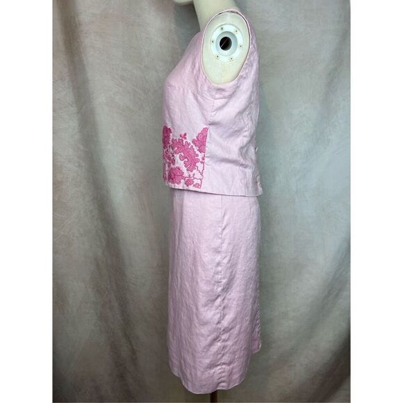 Vintage 1960s Linen Skirt Set Baby Pink Embroidered Susan Thomas Size Small/MD